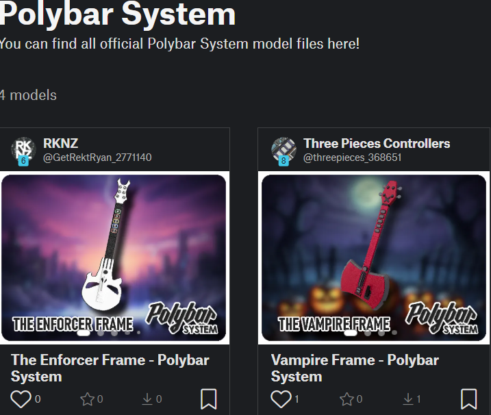 Screen displaying a collection of Polybar System guitar controller models with colorful designs.